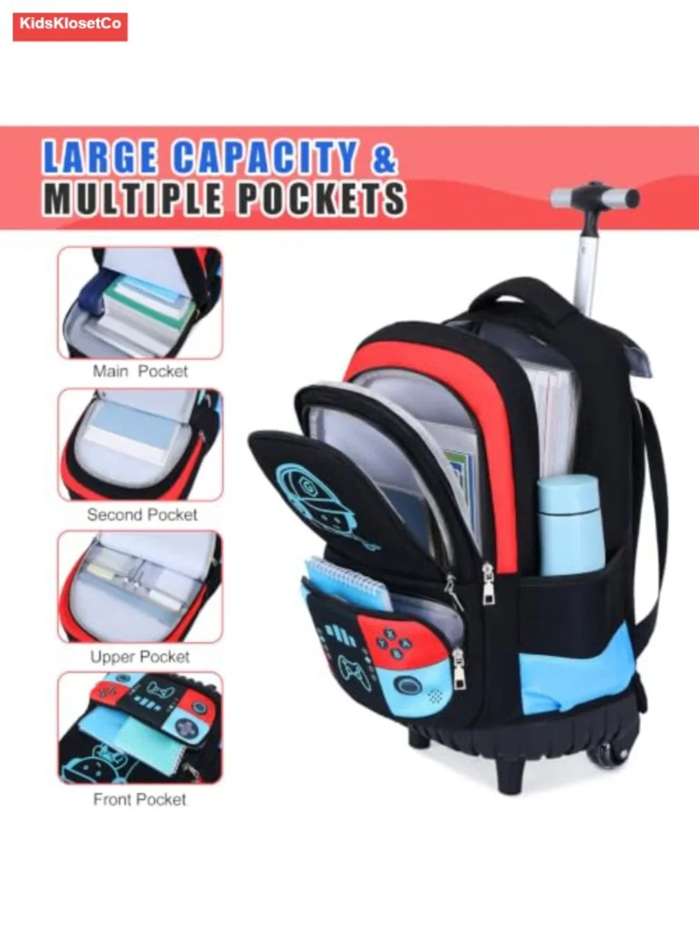 3-in-1 Kids Rolling Backpack with Wheels for Boys - School, Travel